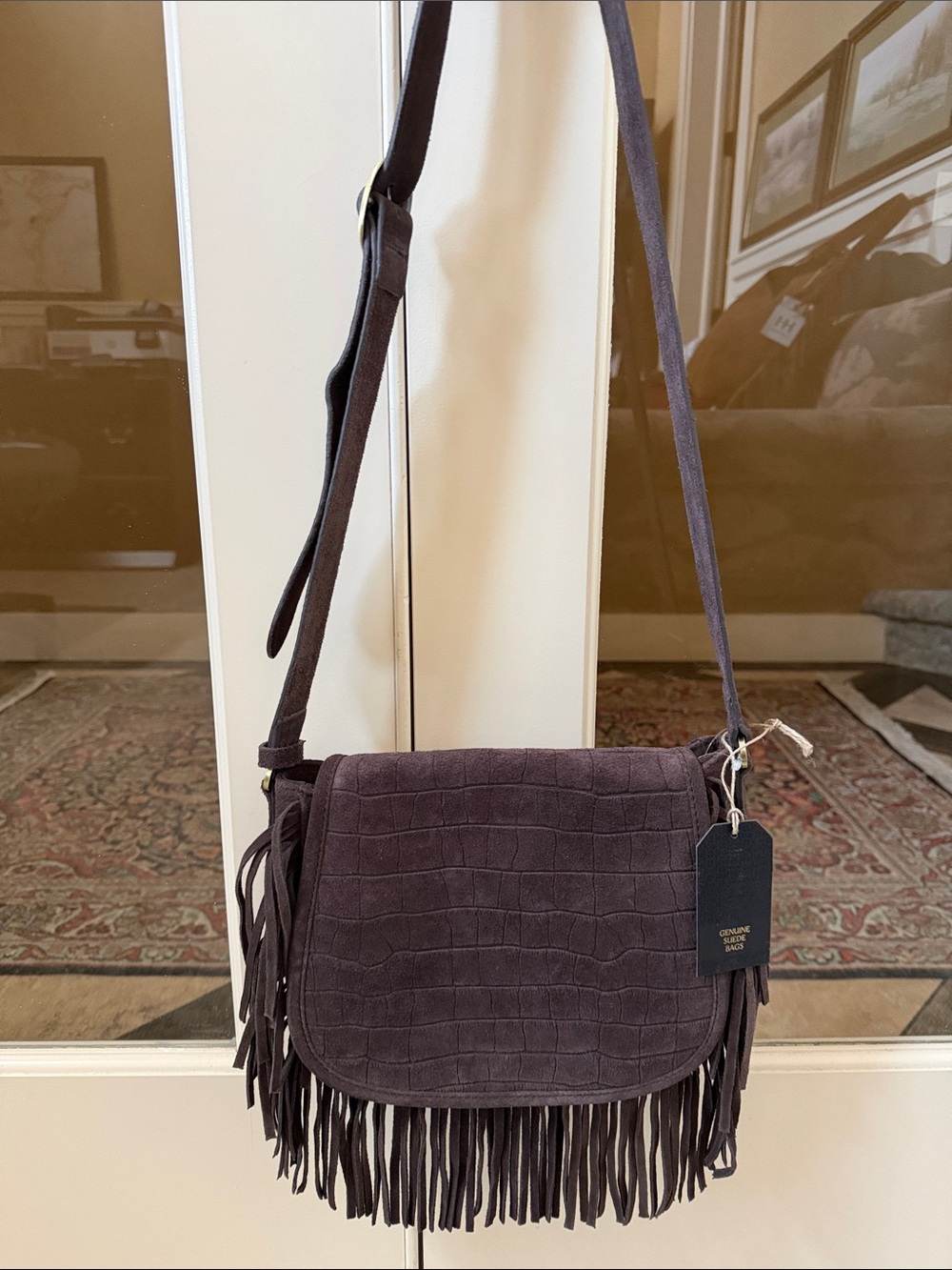 Genuine Suede Women’s Brown Croc Embossed Fringe Crossbody Saddle Bag